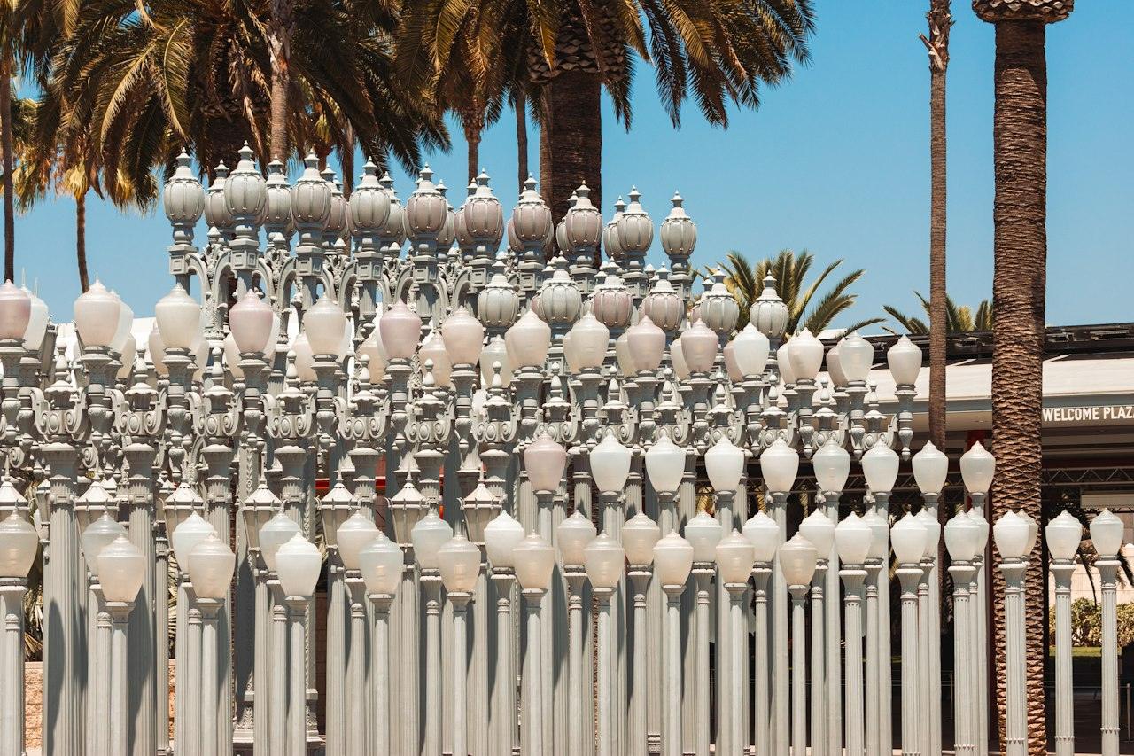 Rows of vintage street lamps in Chris Burden's Urban Light at LACMA on Wilshire Boulevard, framed by palm trees and blue sky