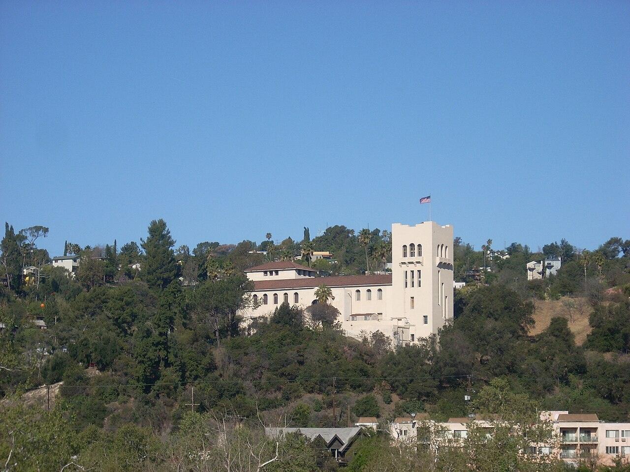 The Southwest Museum's mission revival tower on the wooded slopes of Mount Washington